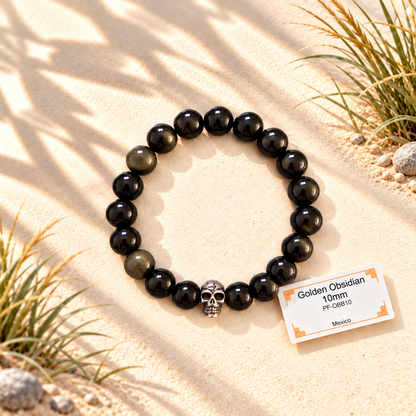 Bracelet en pierres naturelles d'exception - Obsidienne Dorée avec Tête de Mort ou Noeud Celtique