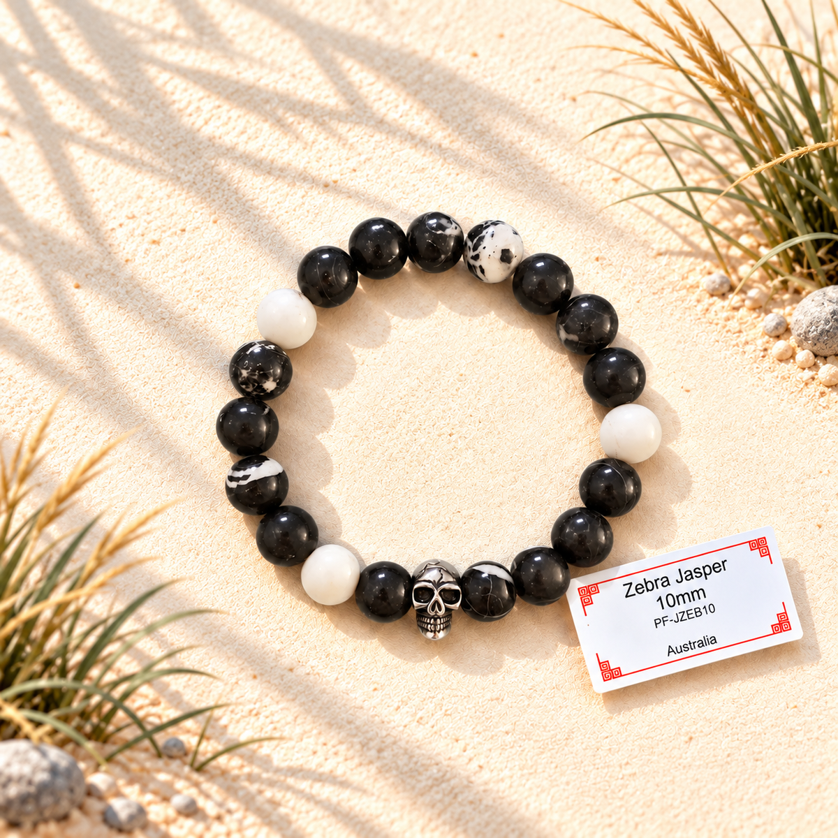 Bracelet en pierres naturelles - Jaspe Zèbre avec Tête de Mort ou Noeud Celtique