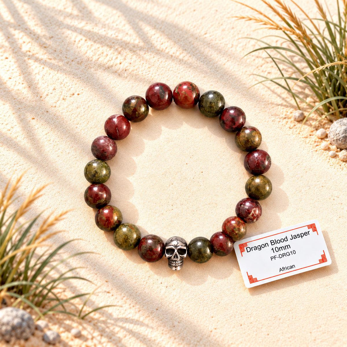 Bracelet en pierres naturelles d'exception - Jaspe Sang de Dragon avec Tête de Mort ou Noeud Celtique