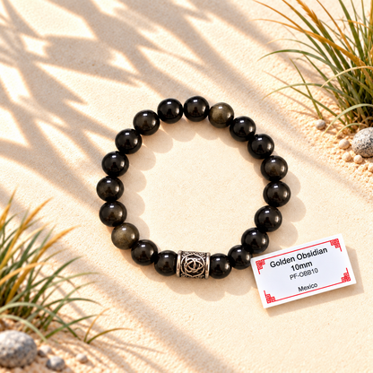 Bracelet en pierres naturelles d'exception - Obsidienne Dorée avec Tête de Mort ou Noeud Celtique