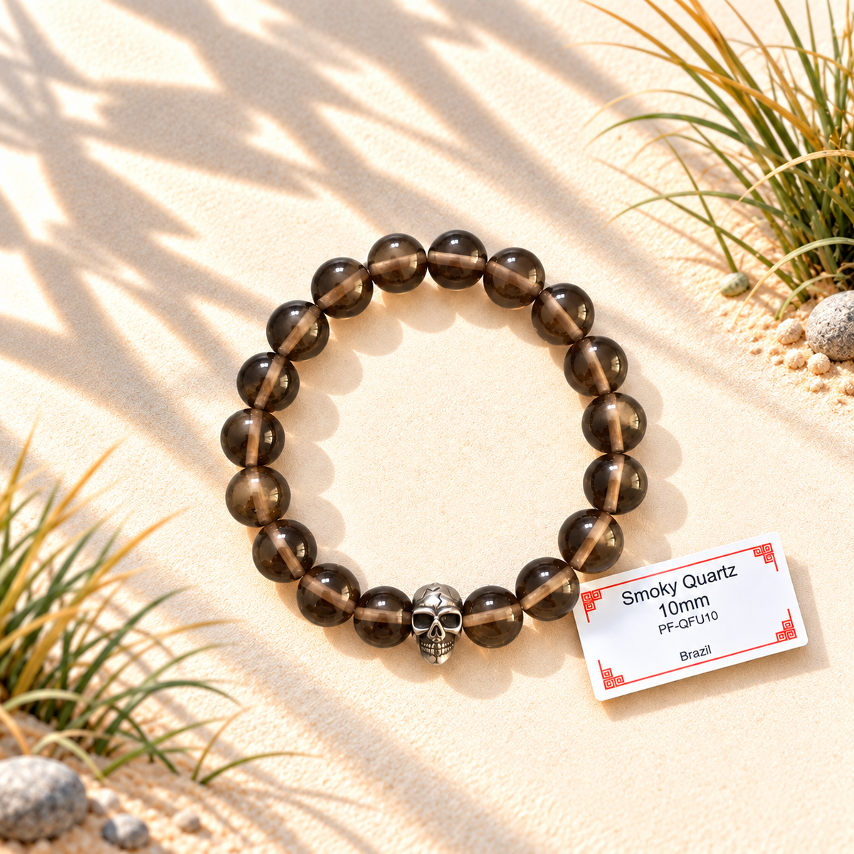 Bracelet en pierres naturelles d'exception - Quartz Fumé avec Tête de Mort ou Noeud Celtique